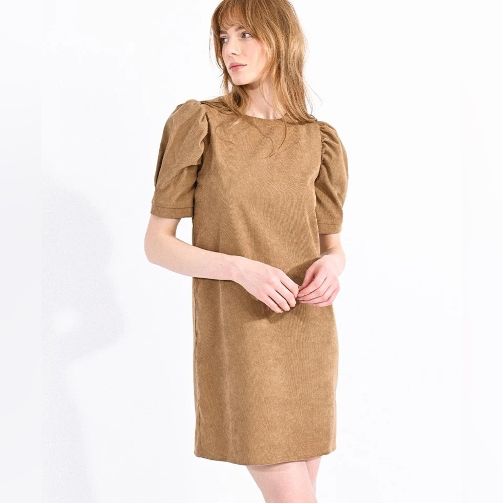 Molly Bracken Camel Corduroy Puff Sleeve Shift Dress Small Cottagecore